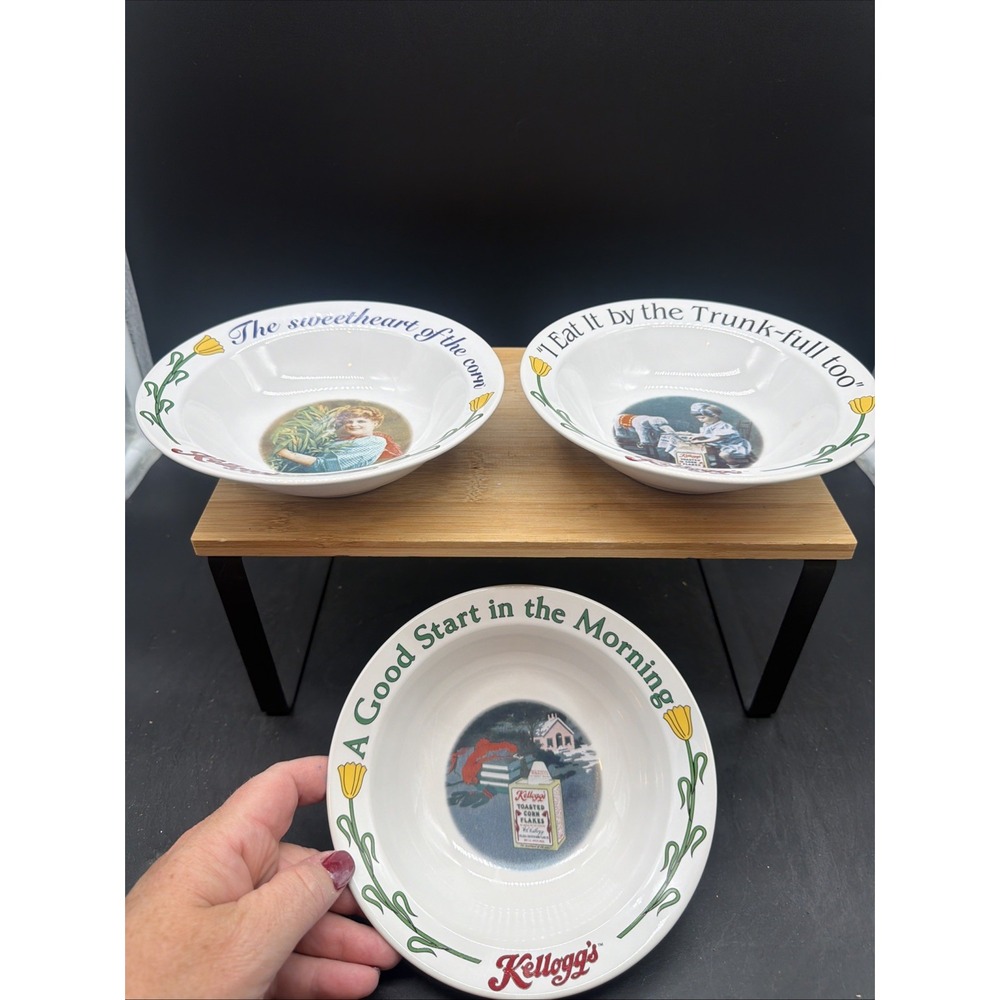 3 VTG Kellogg's 90 Years Collectible Stoneware Bowls Cereal Soup Cottagecore